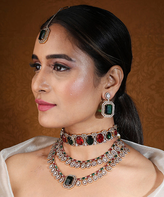 American Stone Choker and Two Layer Necklace Set in Red and Green