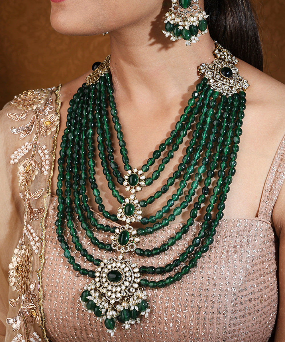 Layered Maharani Haar Necklace with Green Beads and Kundan Stone Pendant