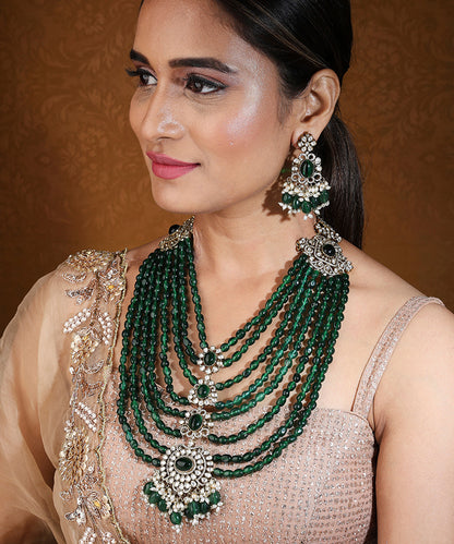 Layered Maharani Haar Necklace with Green Beads and Kundan Stone Pendant