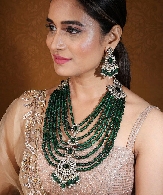 Layered Maharani Haar Necklace with Green Beads and Kundan Stone Pendant