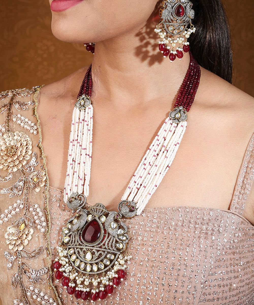 Long Pearl Necklace with Ruby and American Stone Statement Pendant