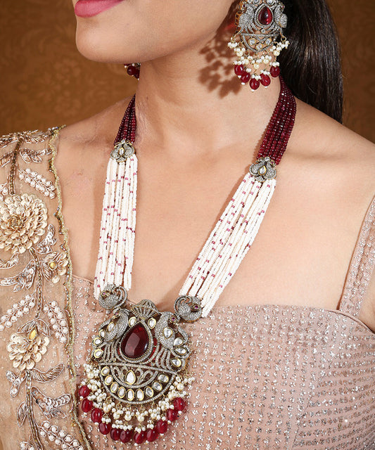 Long Pearl Necklace with Ruby and American Stone Statement Pendant