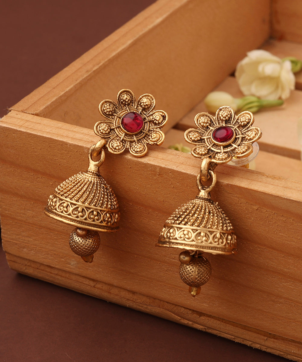 Gold Plated Temple Necklace Set with Flower Motif