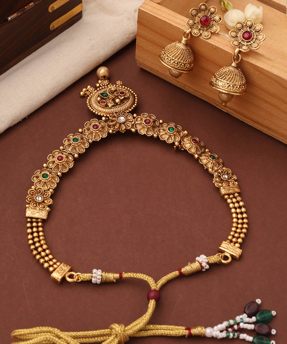 Gold Plated Temple Necklace Set with Flower Motif