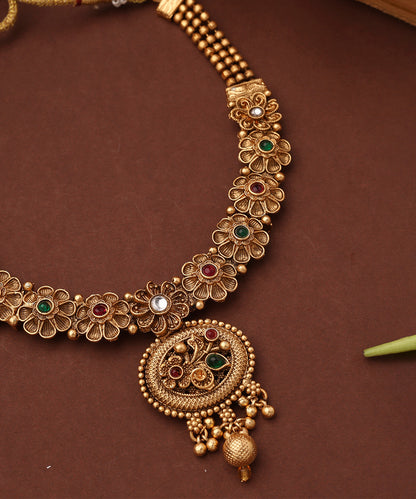 Gold Plated Temple Necklace Set with Flower Motif