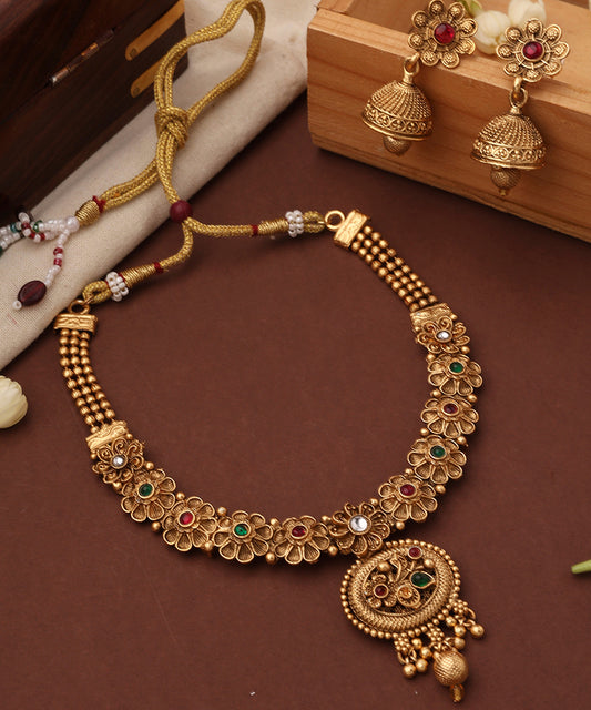 Gold Plated Temple Necklace Set with Flower Motif
