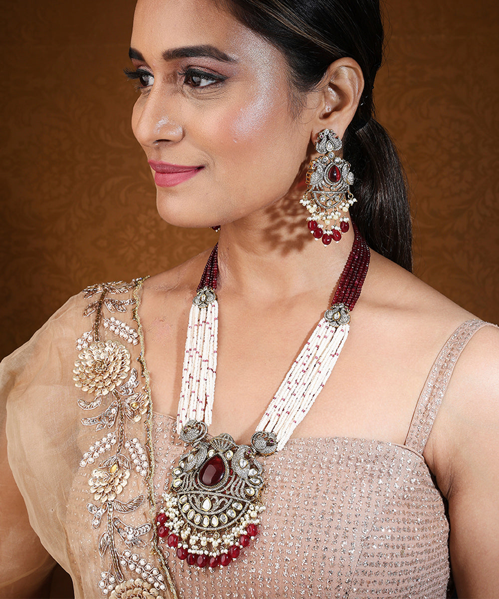 Long Pearl Necklace with Ruby and American Stone Statement Pendant