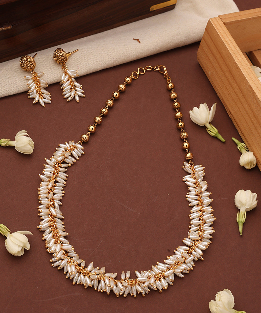 Classic Rice Pearl Necklace with Matching Earrings