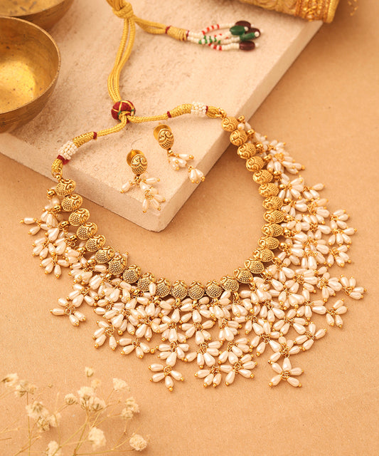 Gold Plated South Indian Style Necklace with Pearl Drops