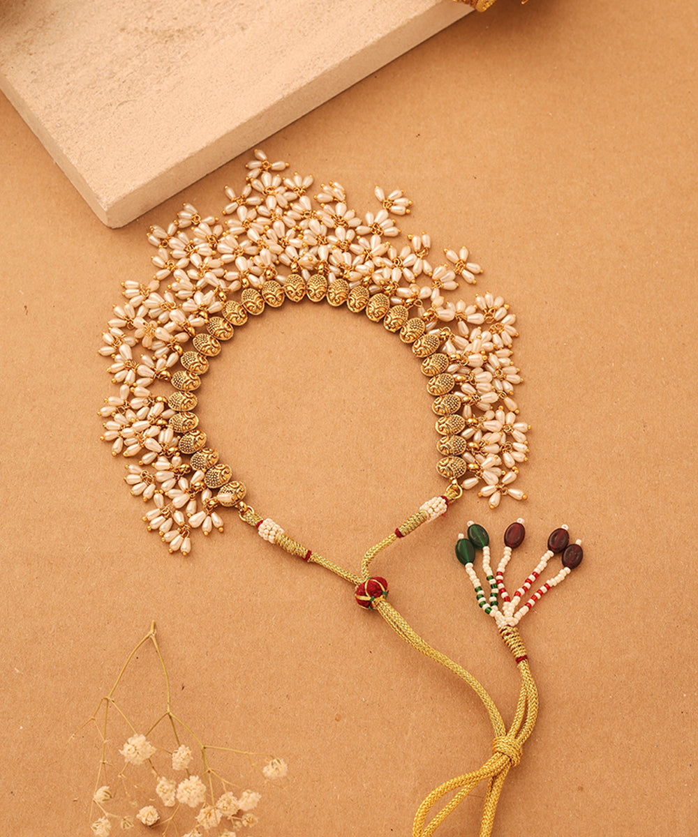 Gold Plated South Indian Style Necklace with Pearl Drops