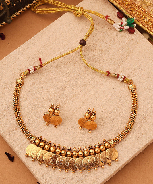 Gold Plated Lakshmi Coin Necklace Set with Matching Jhumki Earrings