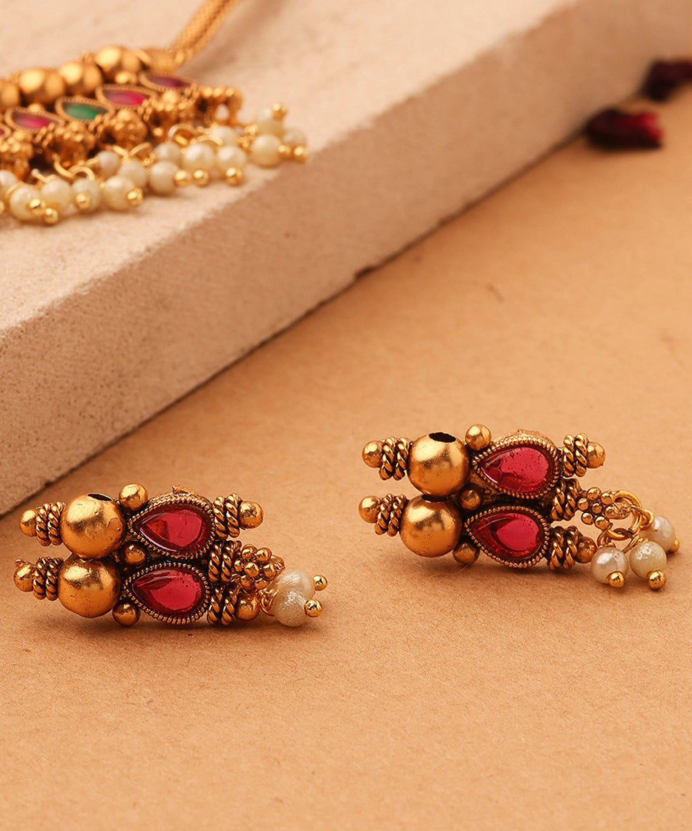 Red and Green Stone Necklace with Golden Jhumkis and Bead Accents