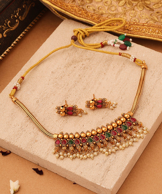 Red and Green Stone Necklace with Golden Jhumkis and Bead Accents
