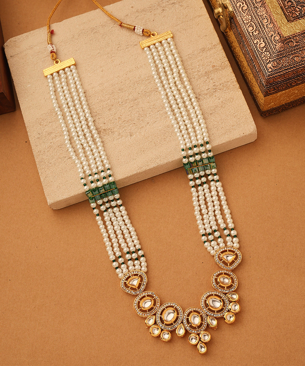 Long White Stone Necklace Set with Kundan Pendant