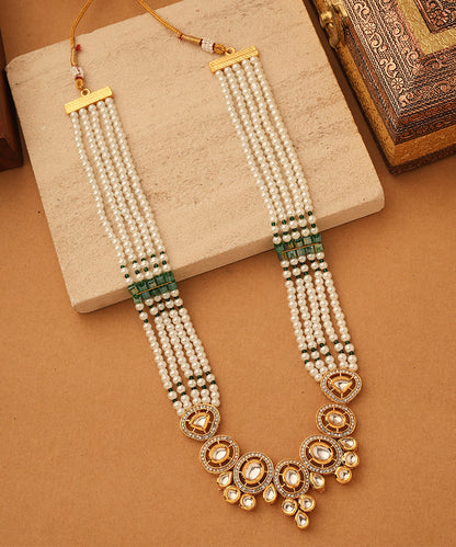 Long White Stone Necklace Set with Kundan Pendant
