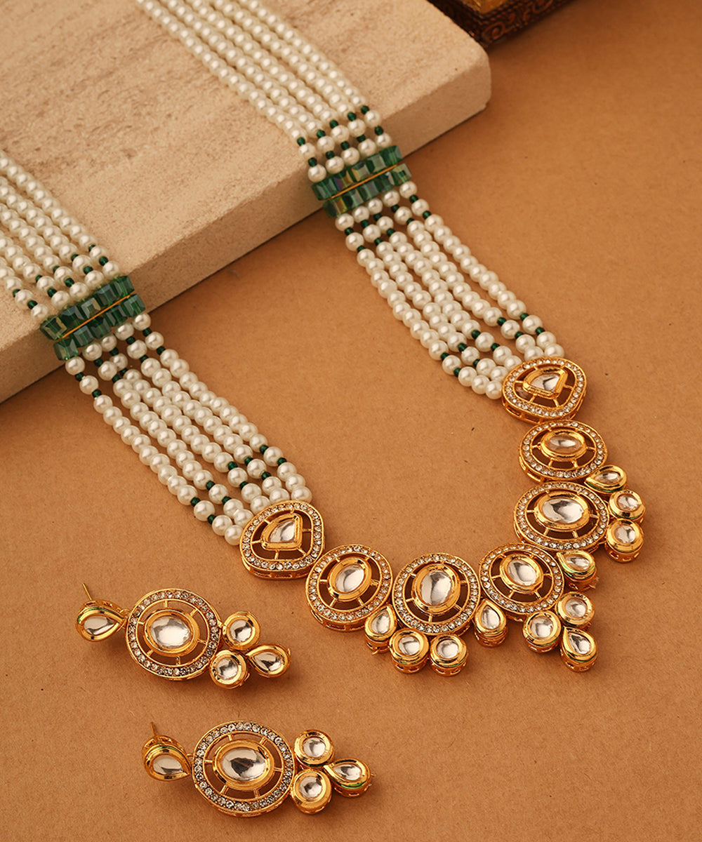 Long White Stone Necklace Set with Kundan Pendant