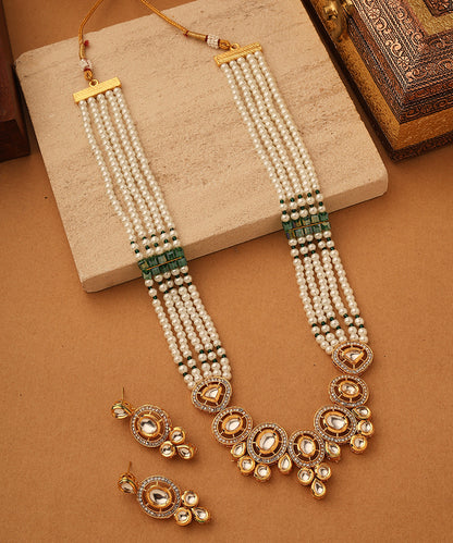 Long White Stone Necklace Set with Kundan Pendant