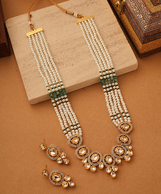 Long White Stone Necklace Set with Kundan Pendant