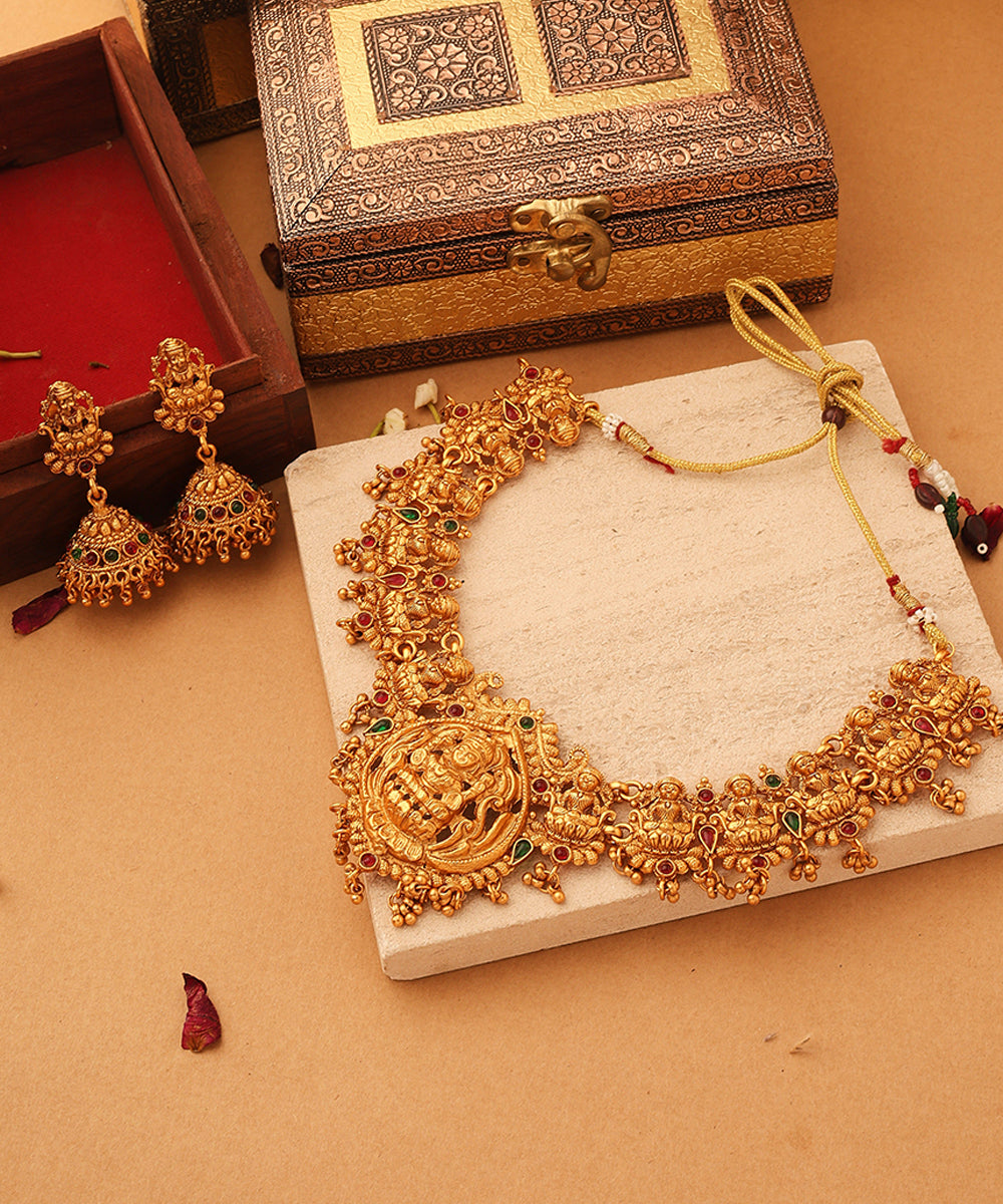 Gold Plated Temple Necklace Set with Goddess Motif