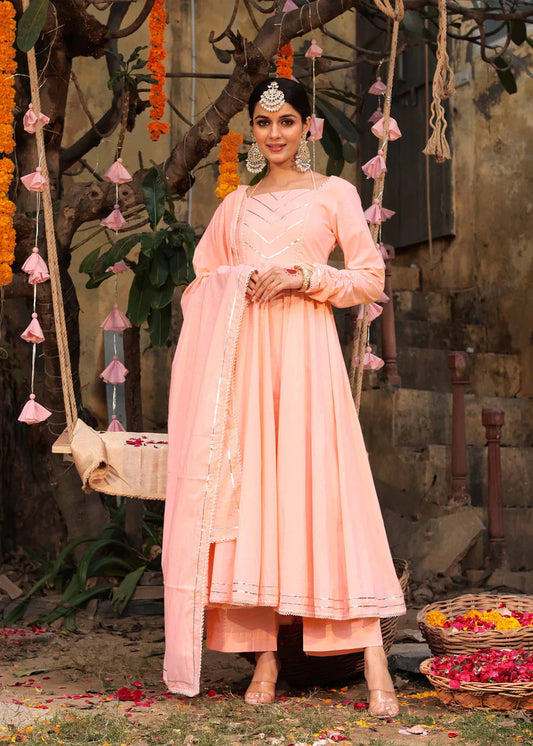 Peach Heavy Gota Work Full Flared Anarkali Set