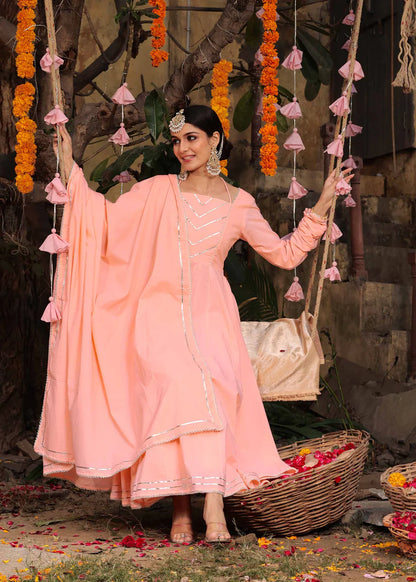 Peach Heavy Gota Work Full Flared Anarkali Set