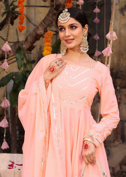 Peach Heavy Gota Work Full Flared Anarkali Set