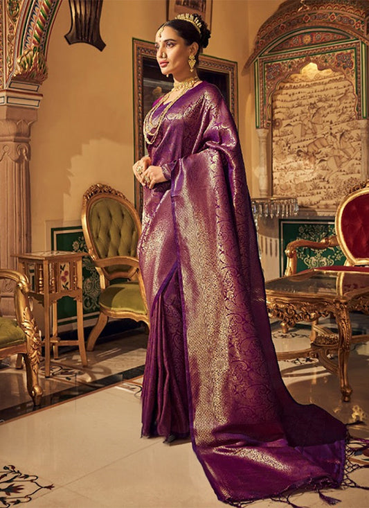 Royal Purple Banarasi Silk Saree with Gold Zari Paisley & Floral Motifs