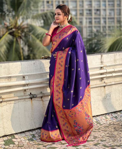 Royal Purple Art Silk Saree with a Delicate Floral Border