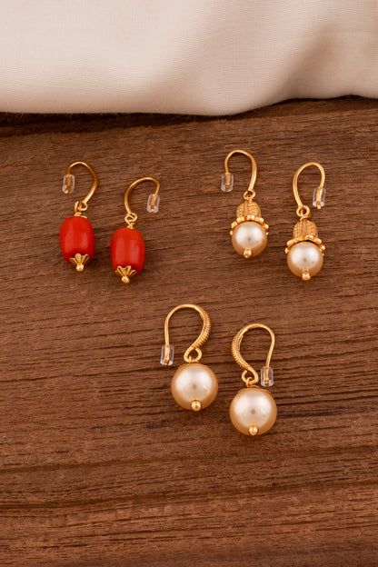 Golden Earrings Three Sets with Swarovski Pearls and Coral