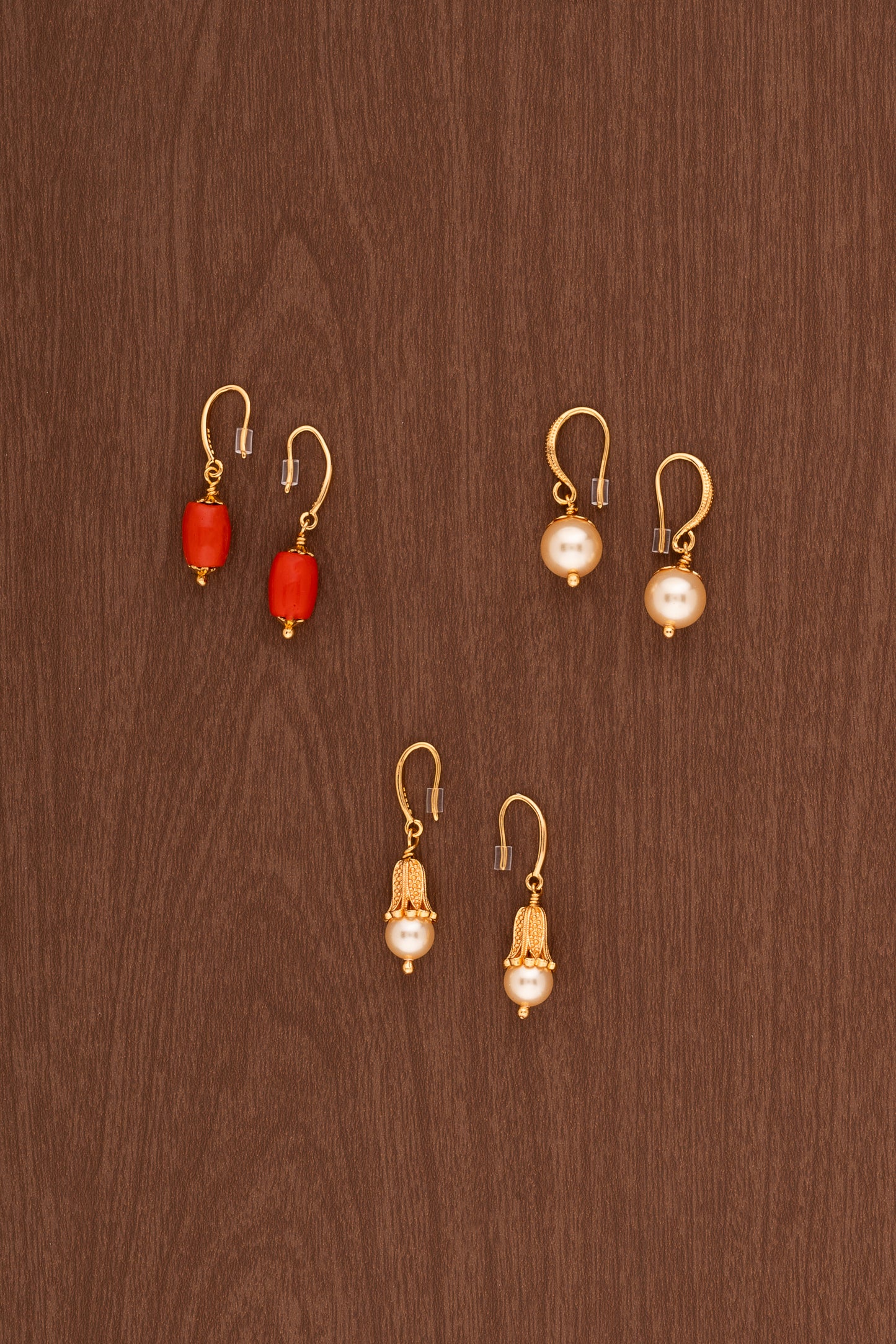 Golden Earrings Three Sets with Swarovski Pearls and Coral