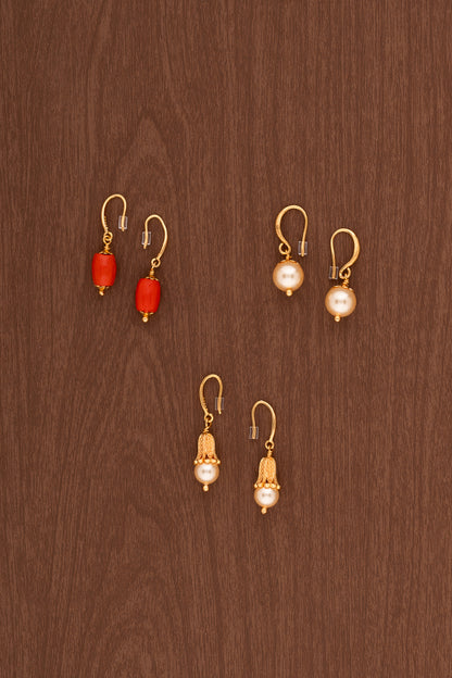 Golden Earrings Three Sets with Swarovski Pearls and Coral