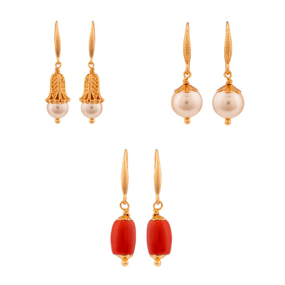 Golden Earrings Three Sets with Swarovski Pearls and Coral