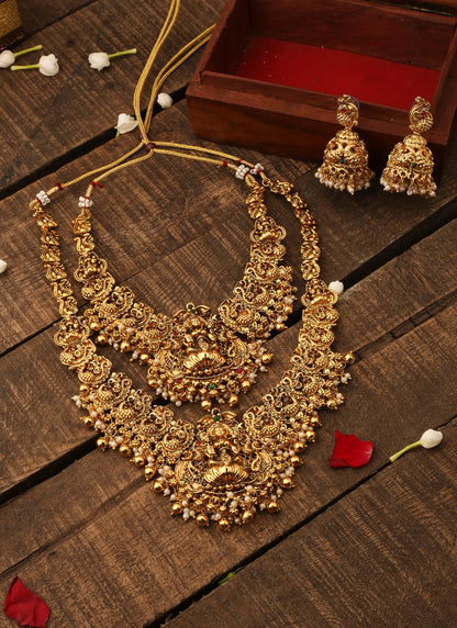 Laxmi Goddess Motif Set of Two Bridal Necklace with Earrings