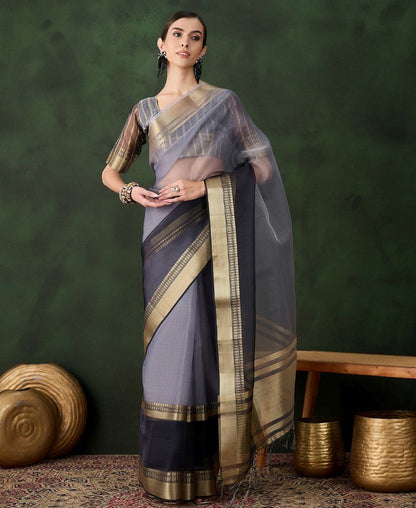 Grey Cotton Silk Saree with Elegant Gold Zari Borders