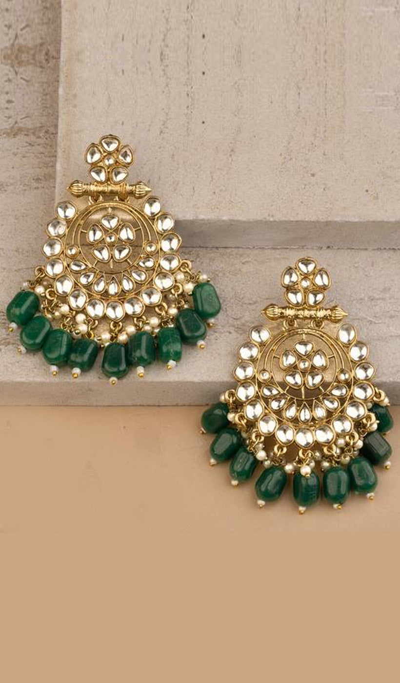 Embellished Gold Chandbalis with Green Kundan Drops
