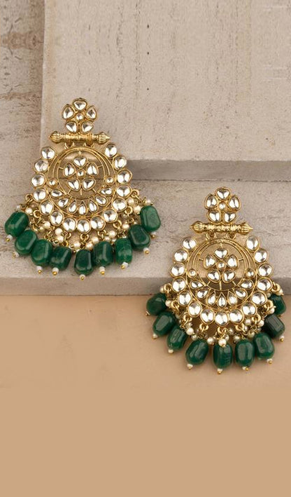 Embellished Gold Chandbalis with Green Kundan Drops