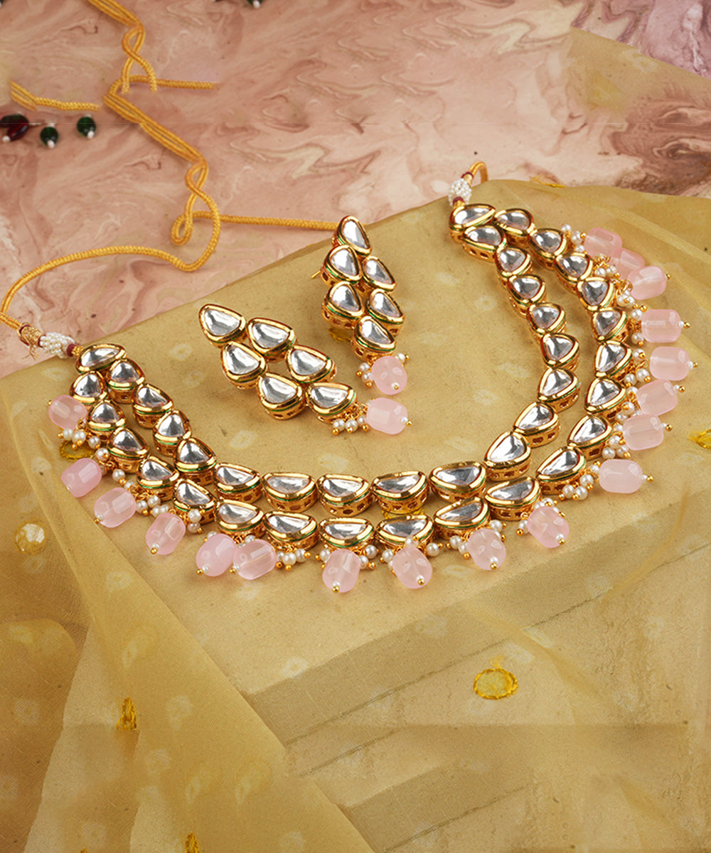 Ethnic Kundan Jewellery Set With Pink Drops