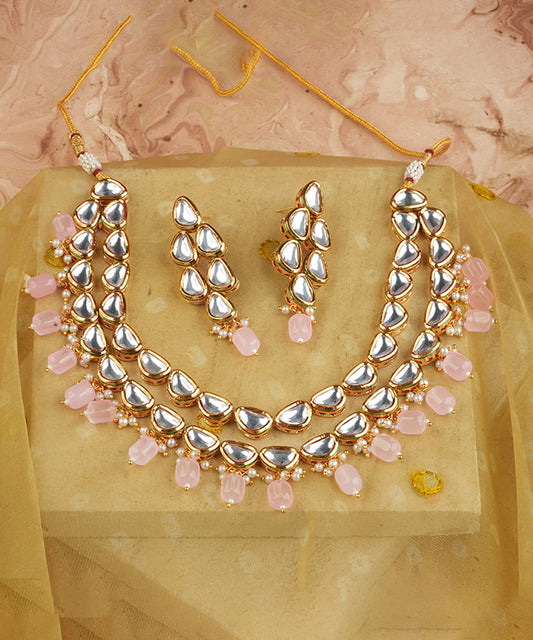 Ethnic Kundan Jewellery Set With Pink Drops