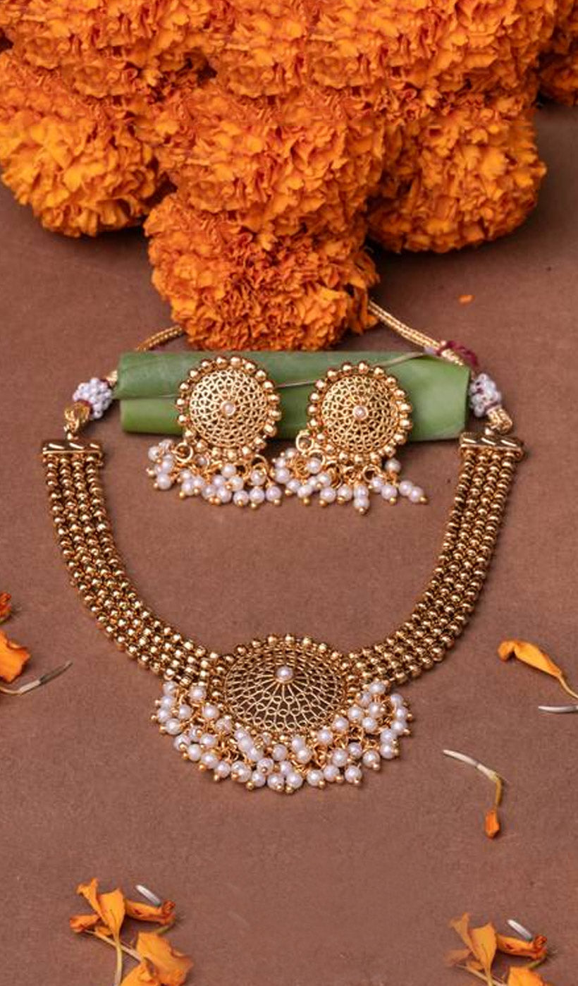 Gold-Plated Pearl-Studded Choker Jewellery Set