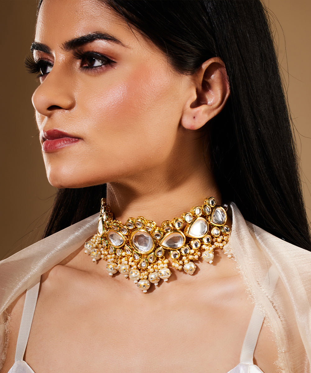 Gold Plated Uncut Kundan Studded Polki Choker Jewellery Set
