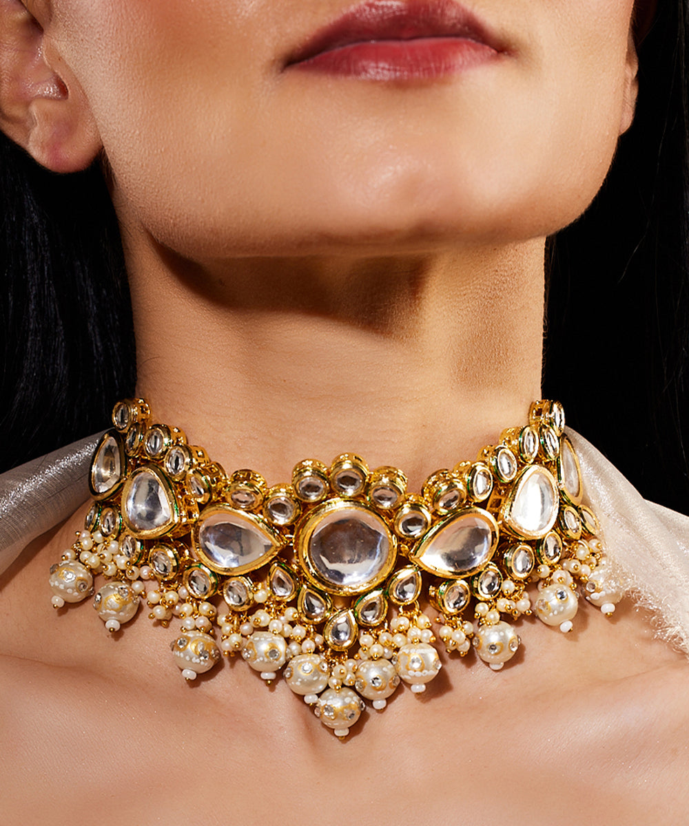 Gold Plated Uncut Kundan Studded Polki Choker Jewellery Set