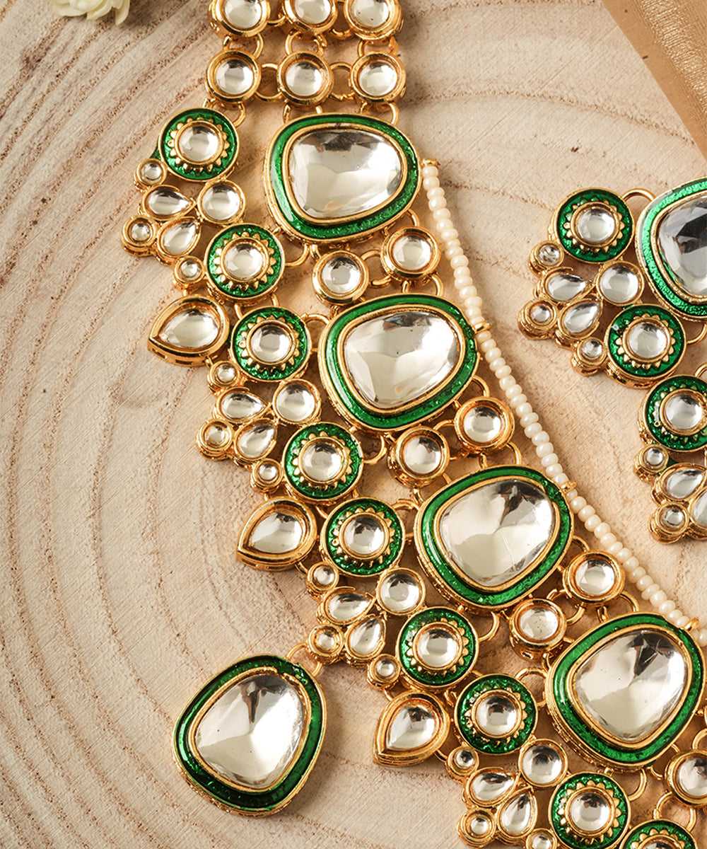 Green Accented Gold Plated Alloy Kundan Necklace Set