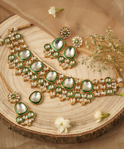 Green Accented Gold Plated Alloy Kundan Necklace Set