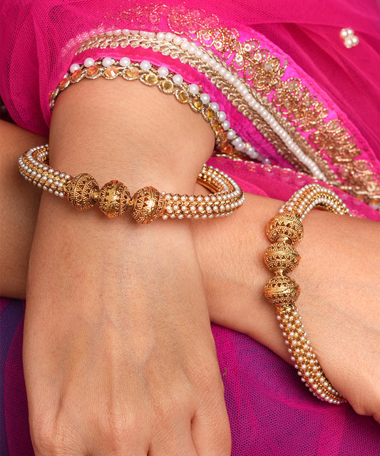 Set of 2 Gold Plated Bangles with Pearl Studded Design