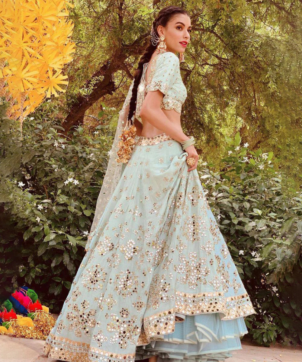 Light Blue Silk Mirror and Thread Embroidered Lehenga Choli