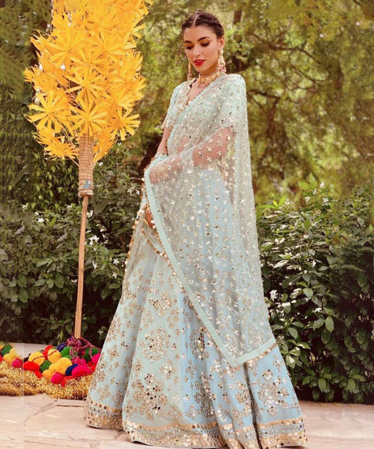 Light Blue Silk Mirror and Thread Embroidered Lehenga Choli