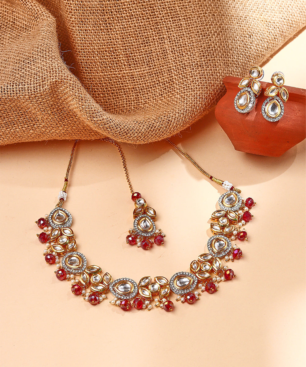 Multicoloured Kundan Necklace Set with Earrings and Maang Tikka