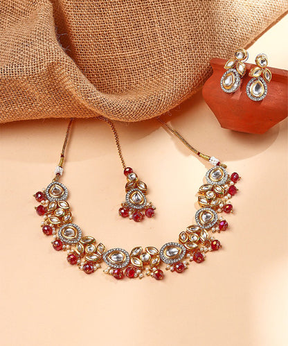 Multicoloured Kundan Necklace Set with Earrings and Maang Tikka