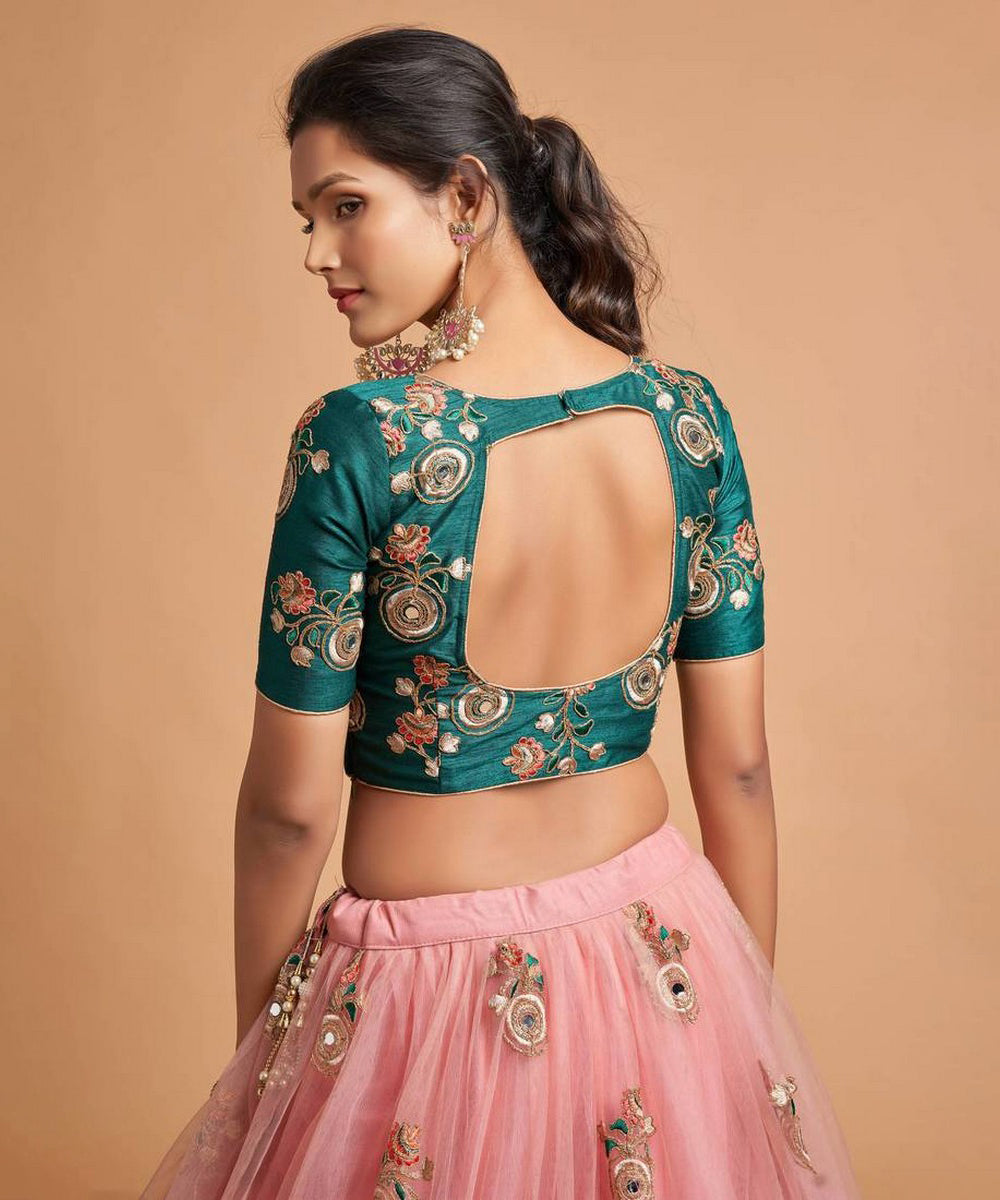 Lehenga Peach Net Embroidered Unstitched