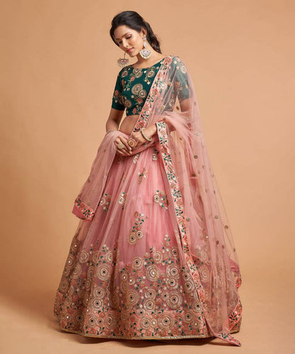 Lehenga Peach Net Embroidered Unstitched